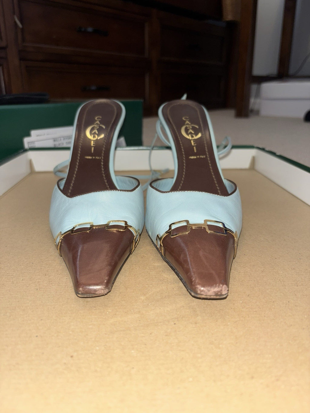 Casadei Vintage Two-Tone Chain-Link Cap-Toe Slingback Pumps