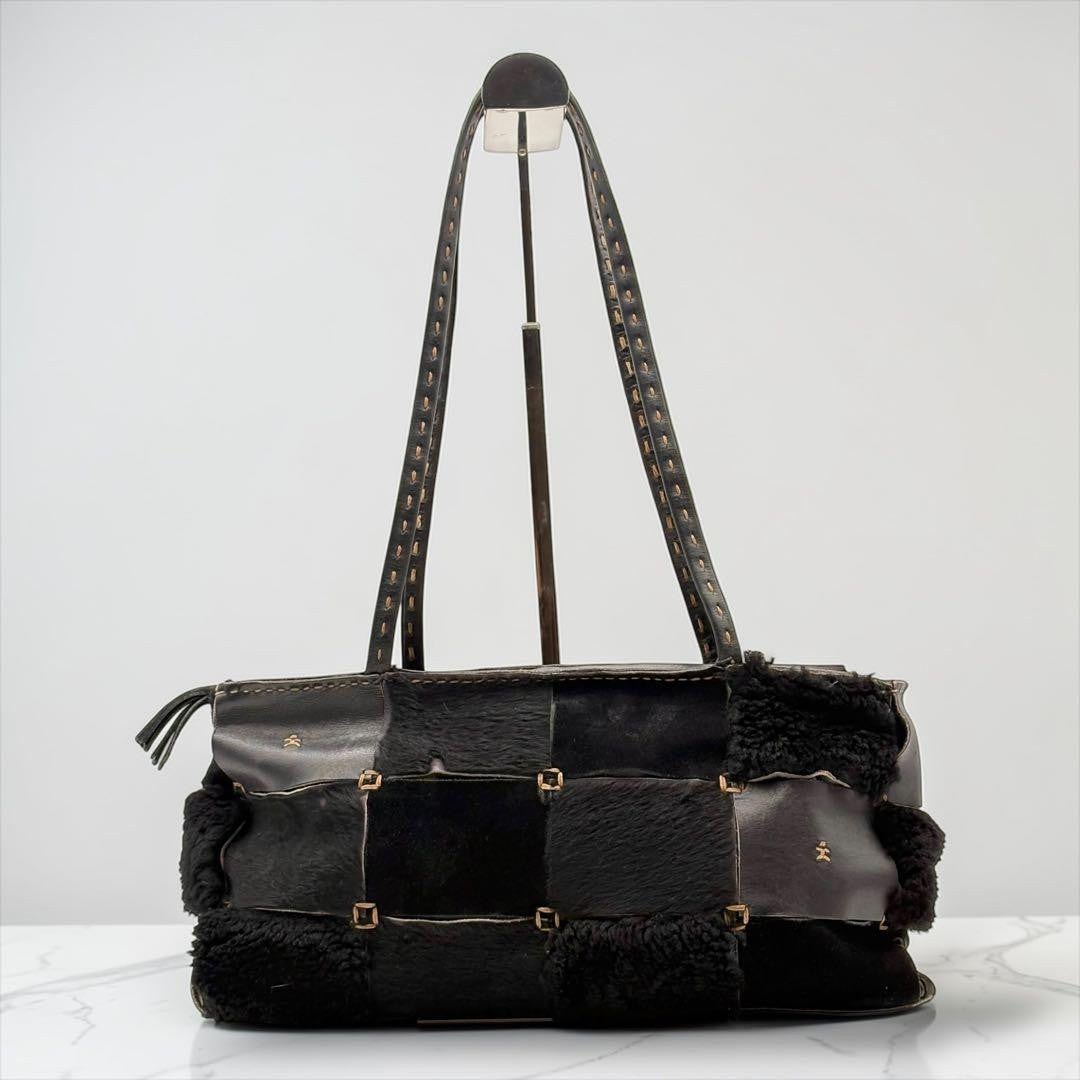 Henry Beguelin Patchwork Leather Shoulder Bag Black Shearling Calf Hair