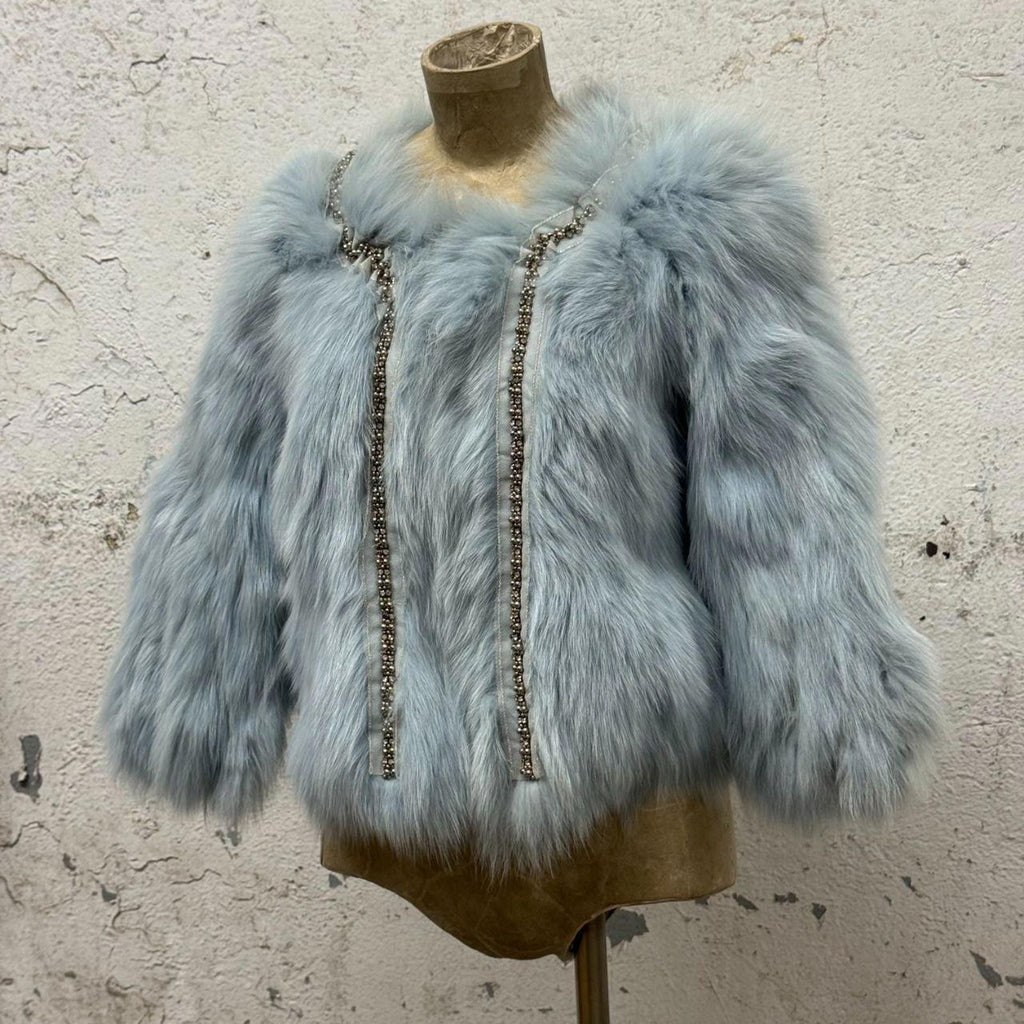 Vintage Y2K Beaded Ice-Blue Fox Fur Cropped Jacket