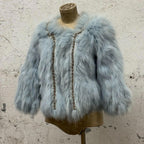 Vintage Y2K Beaded Ice-Blue Fox Fur Cropped Jacket
