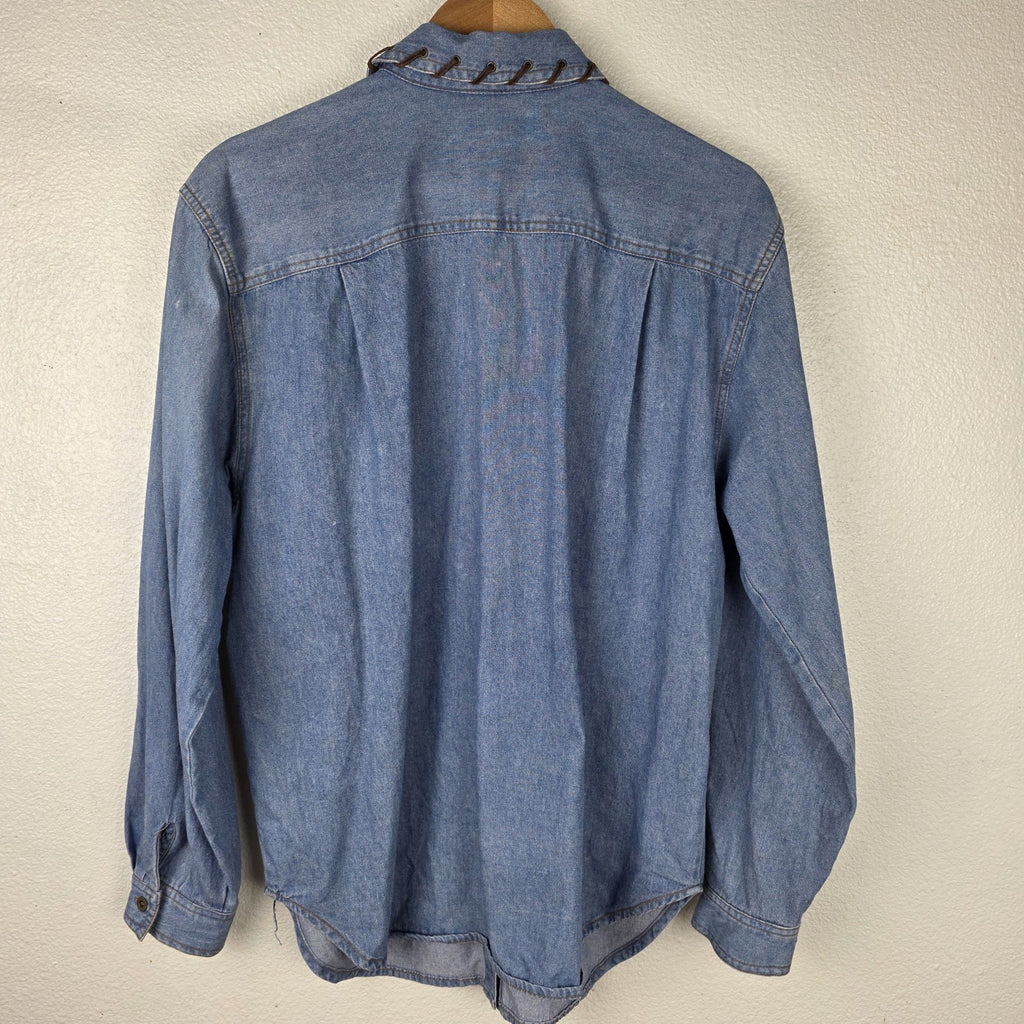 VTG Womens Denim Shirt Western Leather Lace Up Collar Pockets Long Sleeve M
