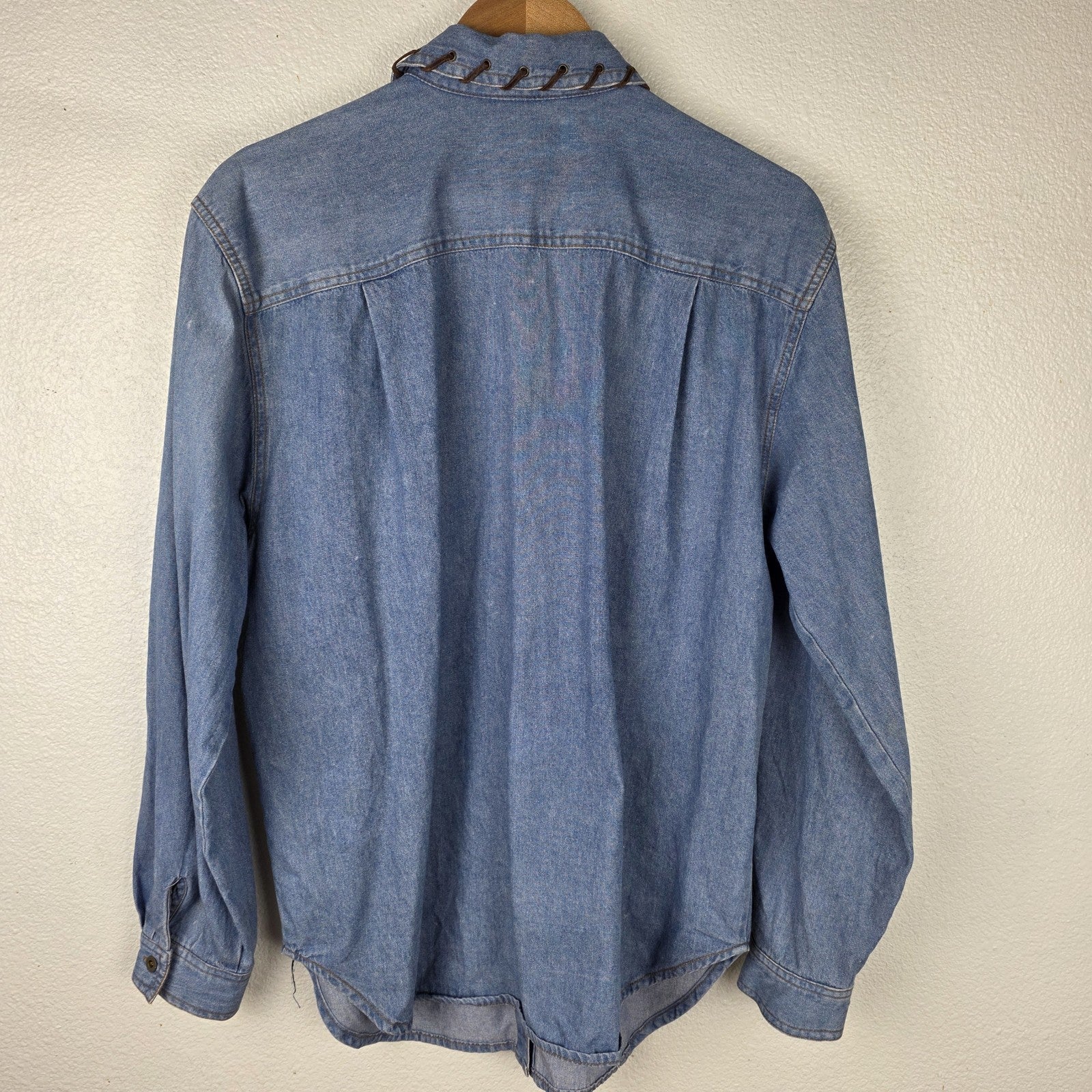 VTG Womens Denim Shirt Western Leather Lace Up Collar Pockets Long Sleeve M