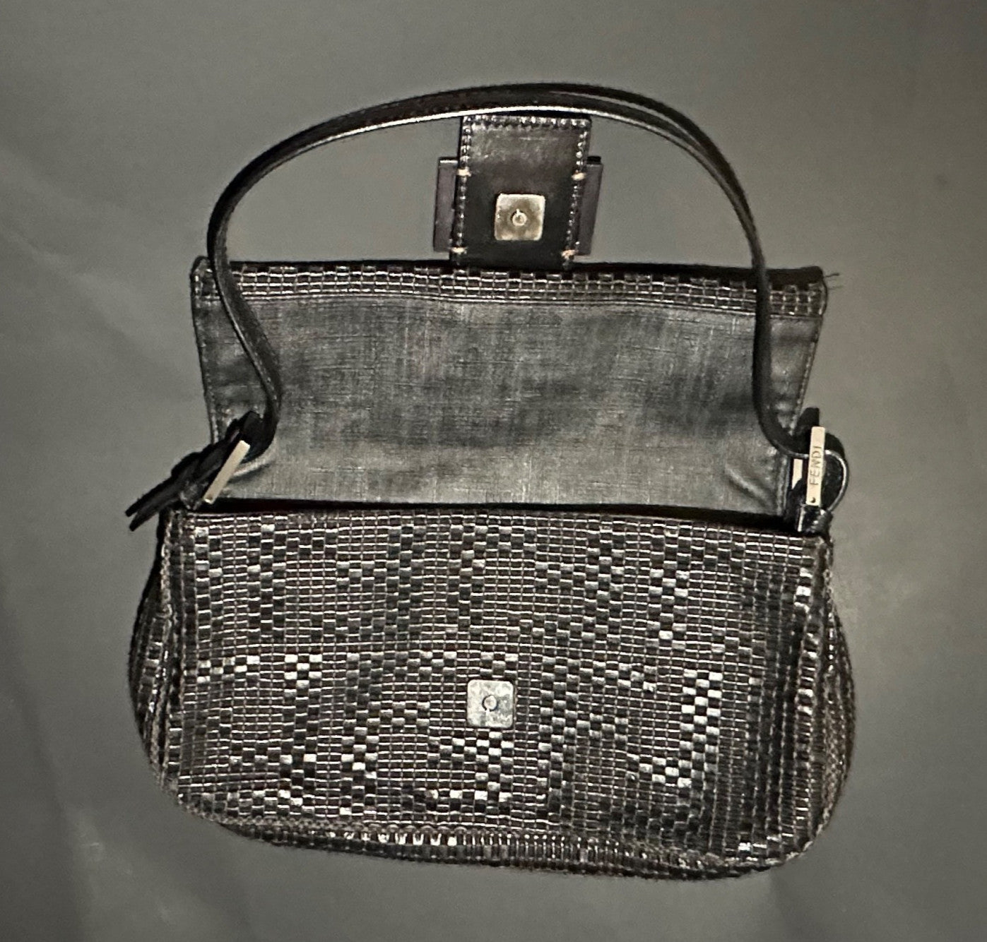 FENDI Baguette Black Woven Zucca Monogram Shoulder Bag