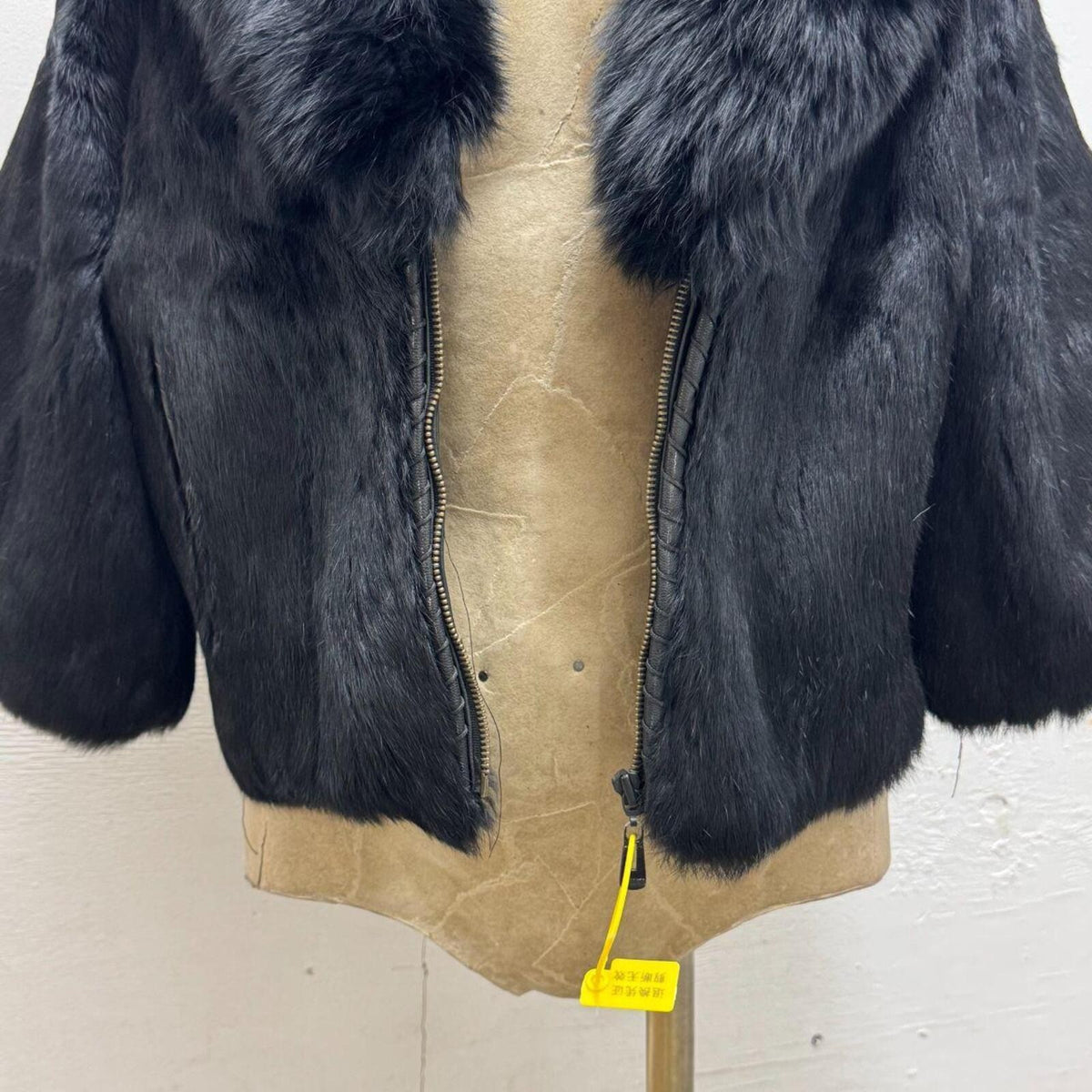 Y2K Black Rabbit and Fox Fur Jacket with Whipstitch Detail