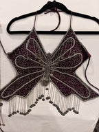 Vintage Y2K Beaded Butterfly Halter Top and Skirt Set