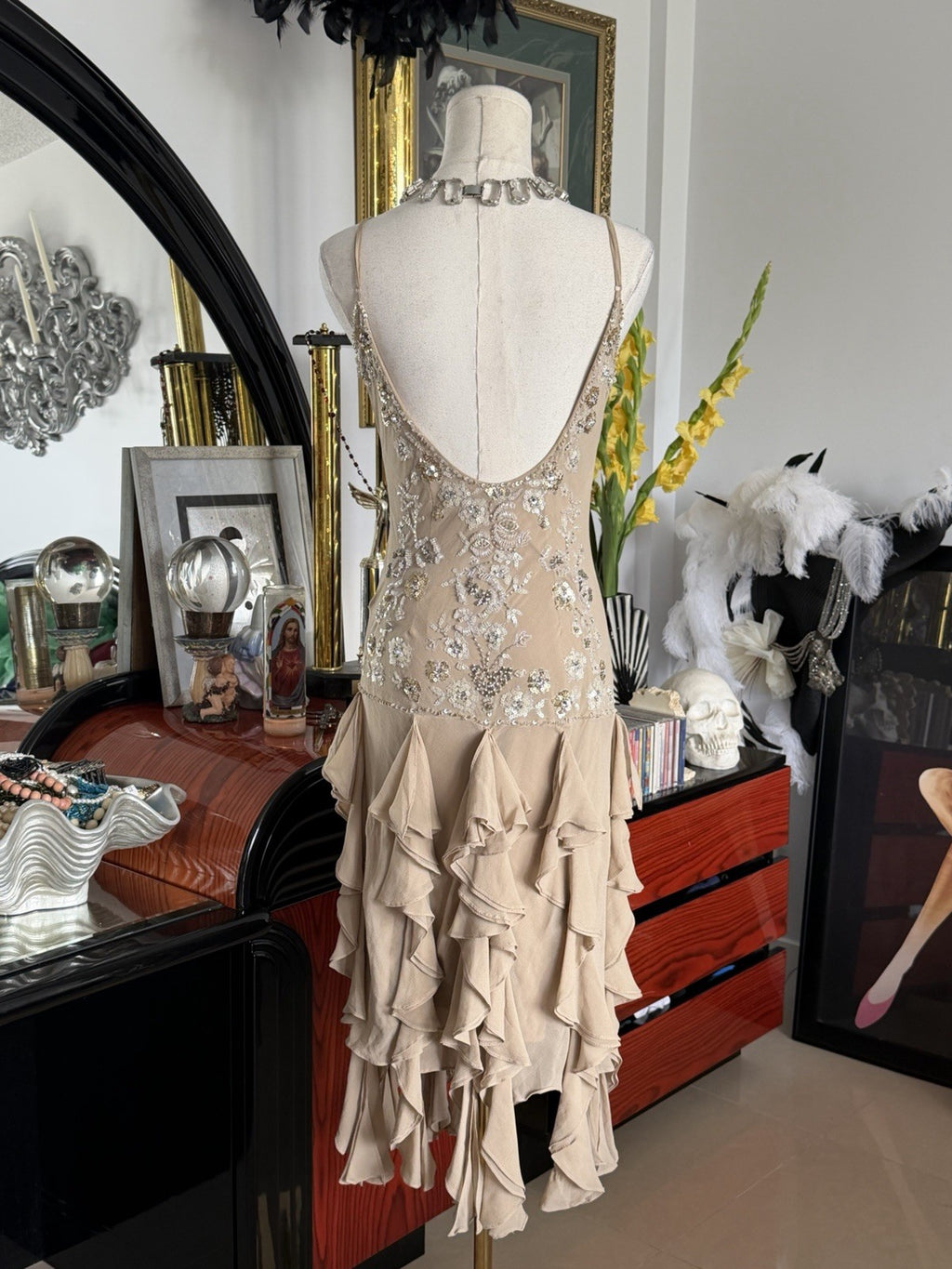Sue Wong Champagne Silk Hand Beaded Cocktail Dress Size 4