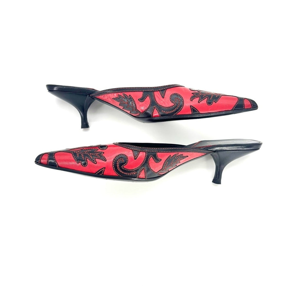 Vintage Miu Miu Embroidered Leaf Pointed Toe Slip On Kitten Heel Mules 39