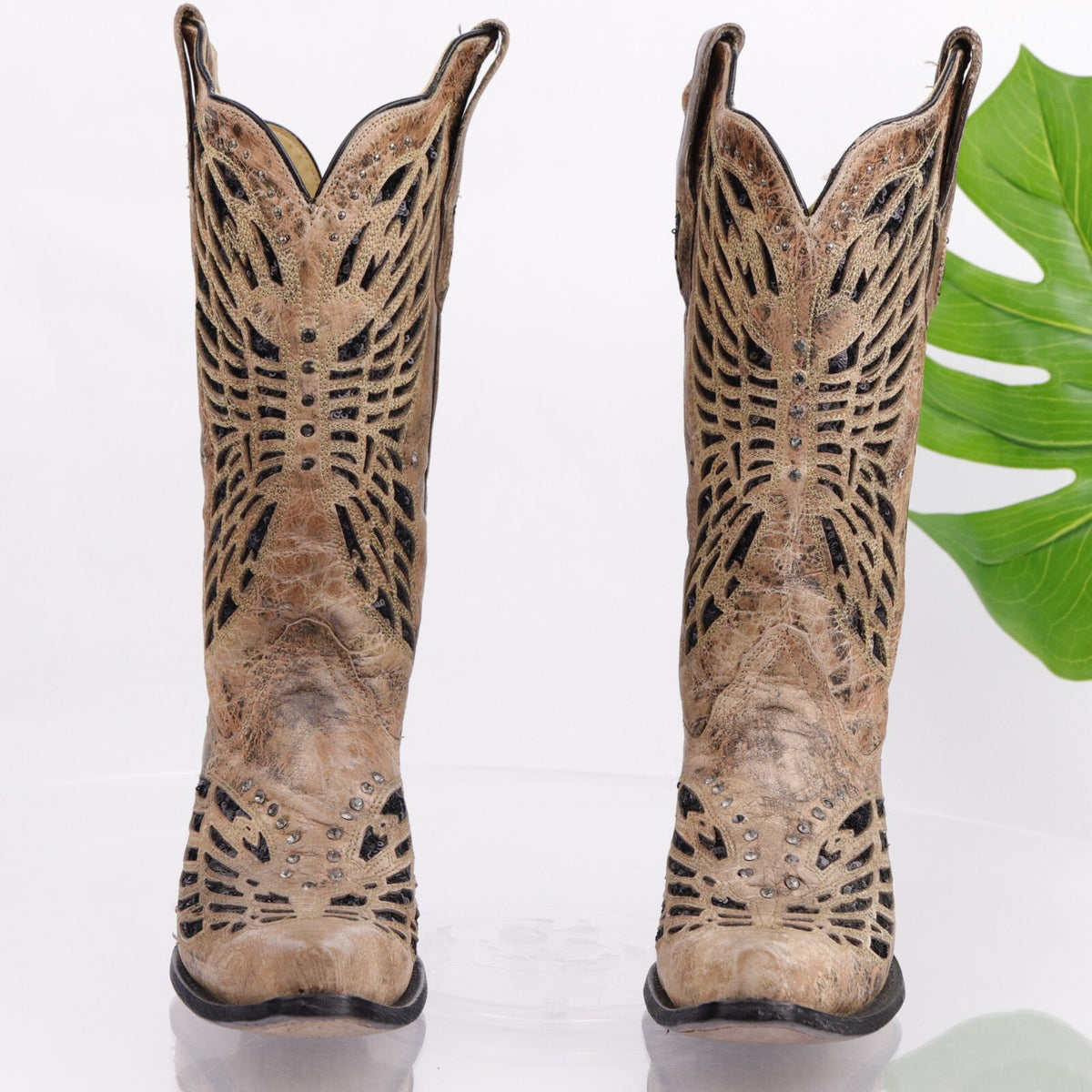 Corral Women's Cowboy Boot Size 8 Sequins Butterfly Distressed Brown Leather