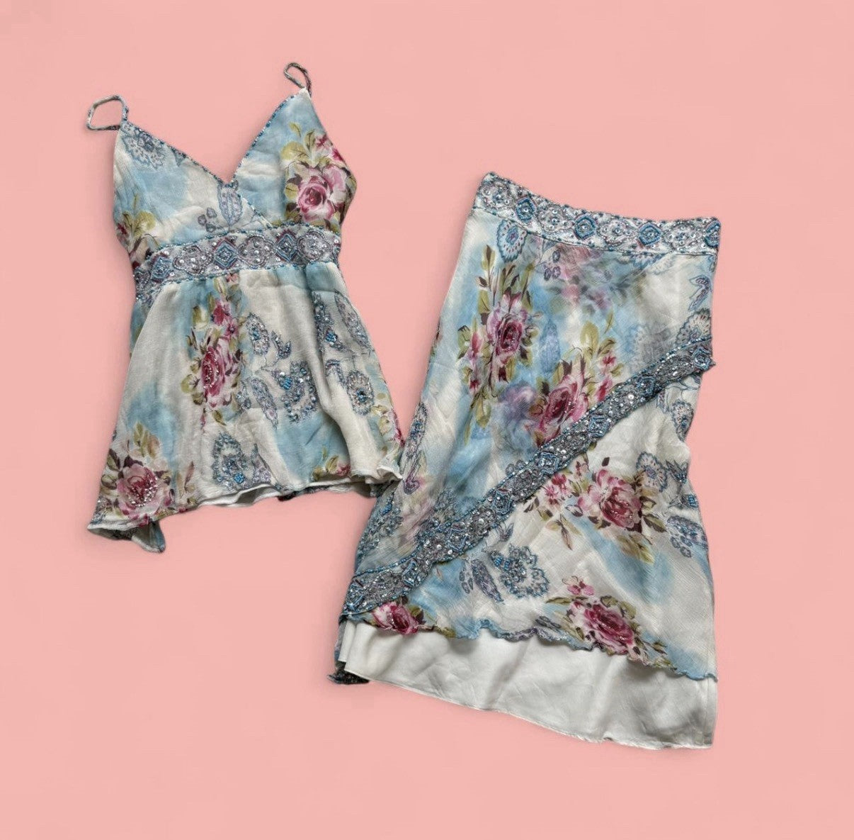 René Derhy Blue Floral Embellished Top and Skirt Set