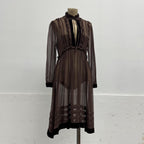 Vintage Brown 100% Silk Chiffon Edwardian-Style Ruffled Midi Dress