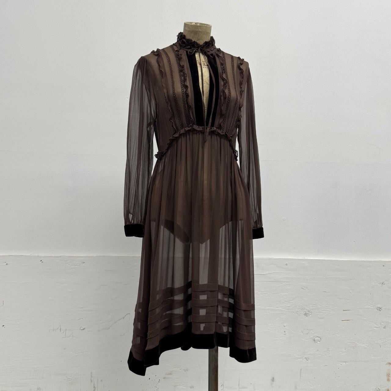 Vintage Brown 100% Silk Chiffon Edwardian-Style Ruffled Midi Dress