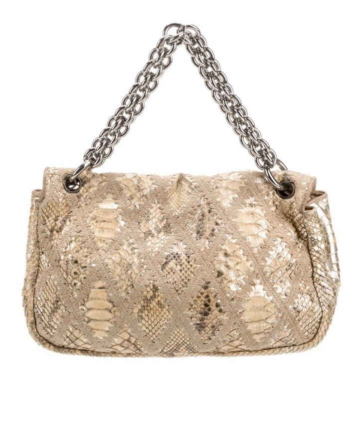Chanel Beige And Gold Python Crochet Flap Bag With Chain Vintage RARE