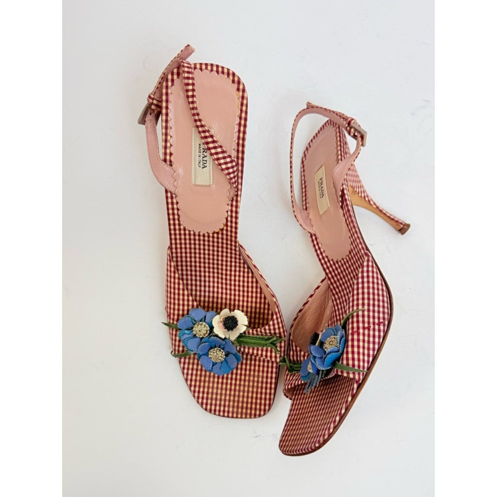 Vintage Prada 2000's Gingham Floral Slingback Heels