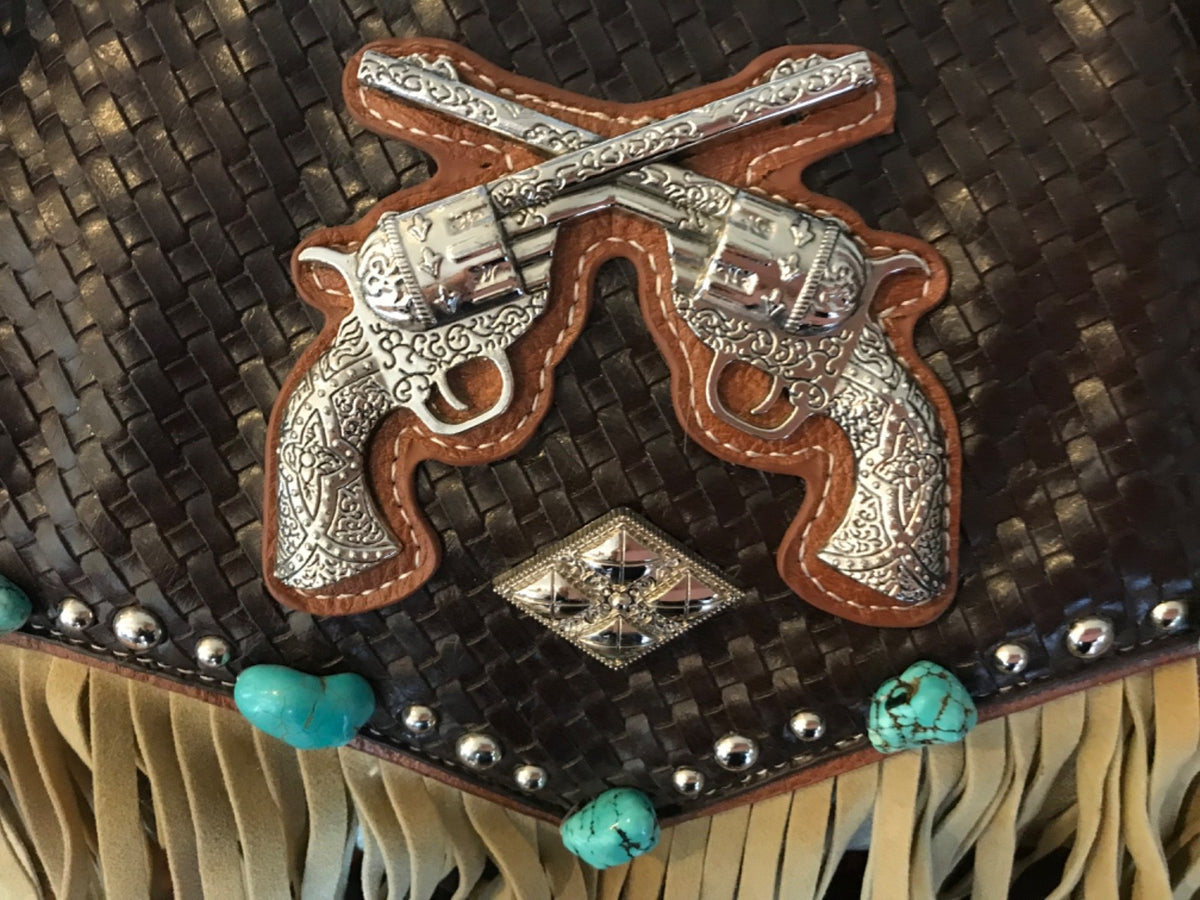 Western Studded Purse with Crossed Pistols, Fringe, Chains and Turquoise