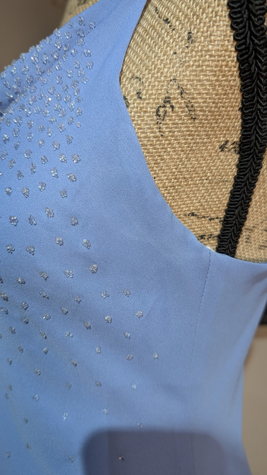90s Y2K Light Cornflower Blue Glass Beaded Bias Cut Slip Dress Size Medium