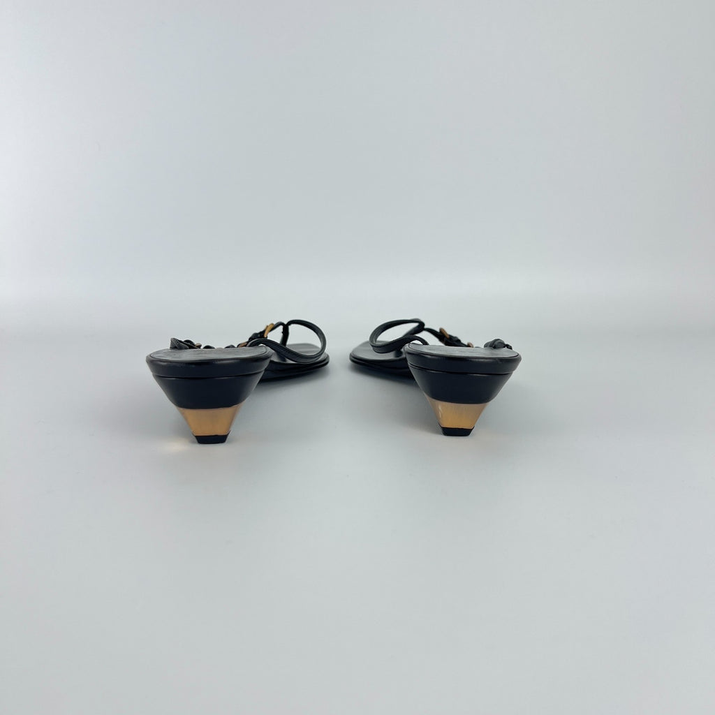 Prada | Auth Vintage Black Leather Gold Buckle Thong Kitten Heels (34.5)