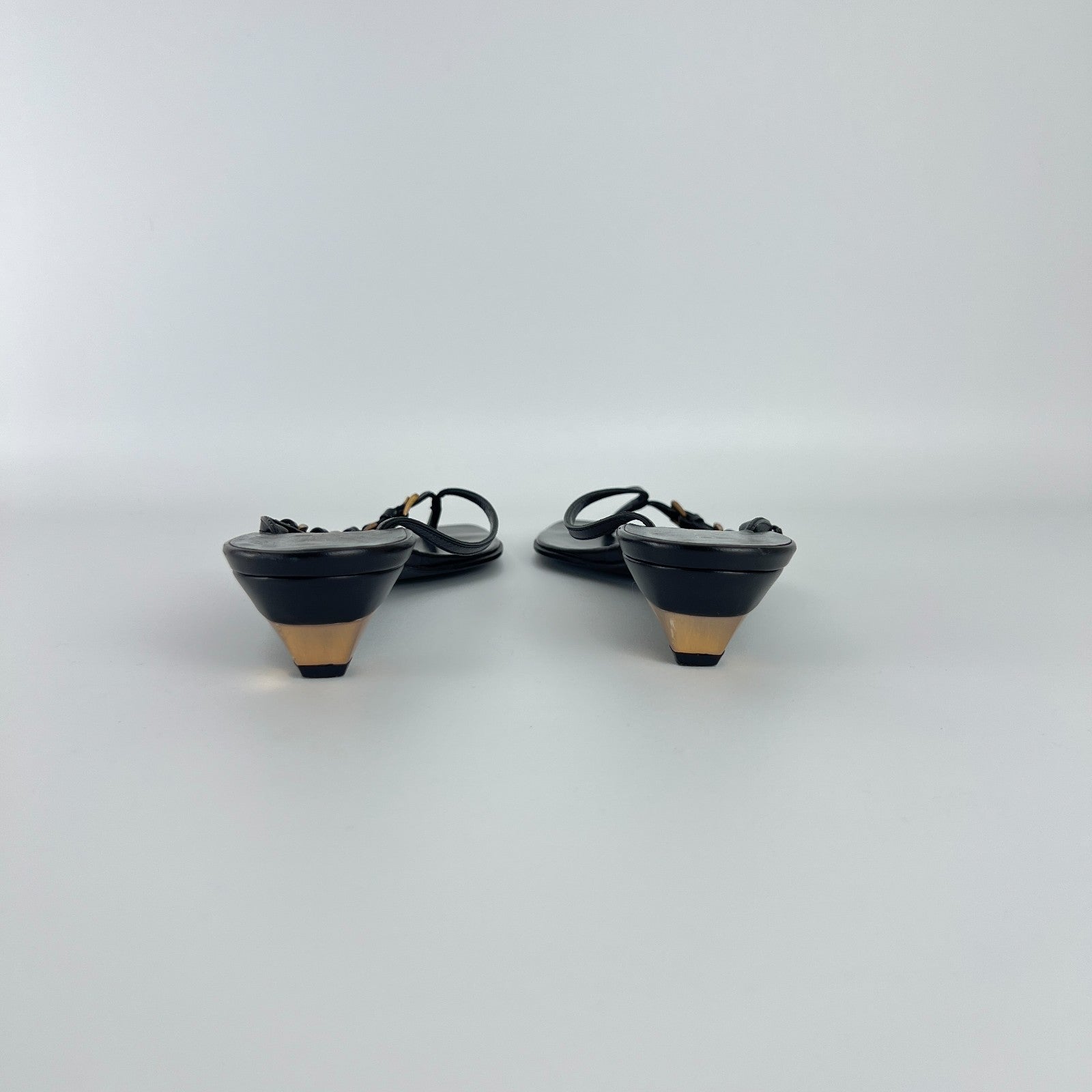 Prada | Auth Vintage Black Leather Gold Buckle Thong Kitten Heels (34.5)