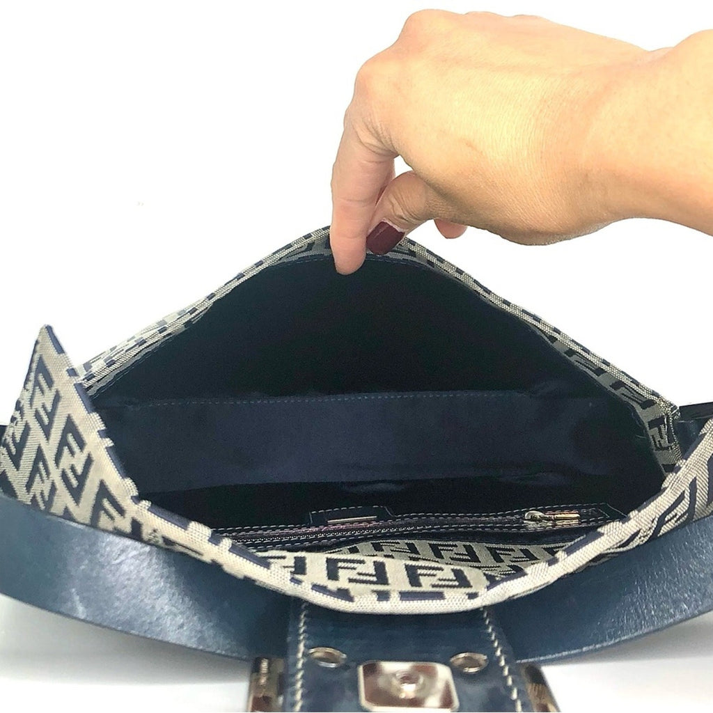 Vintage Fendi Zucchino Navy Blue FF Monogram Baguette Shoulder Bag