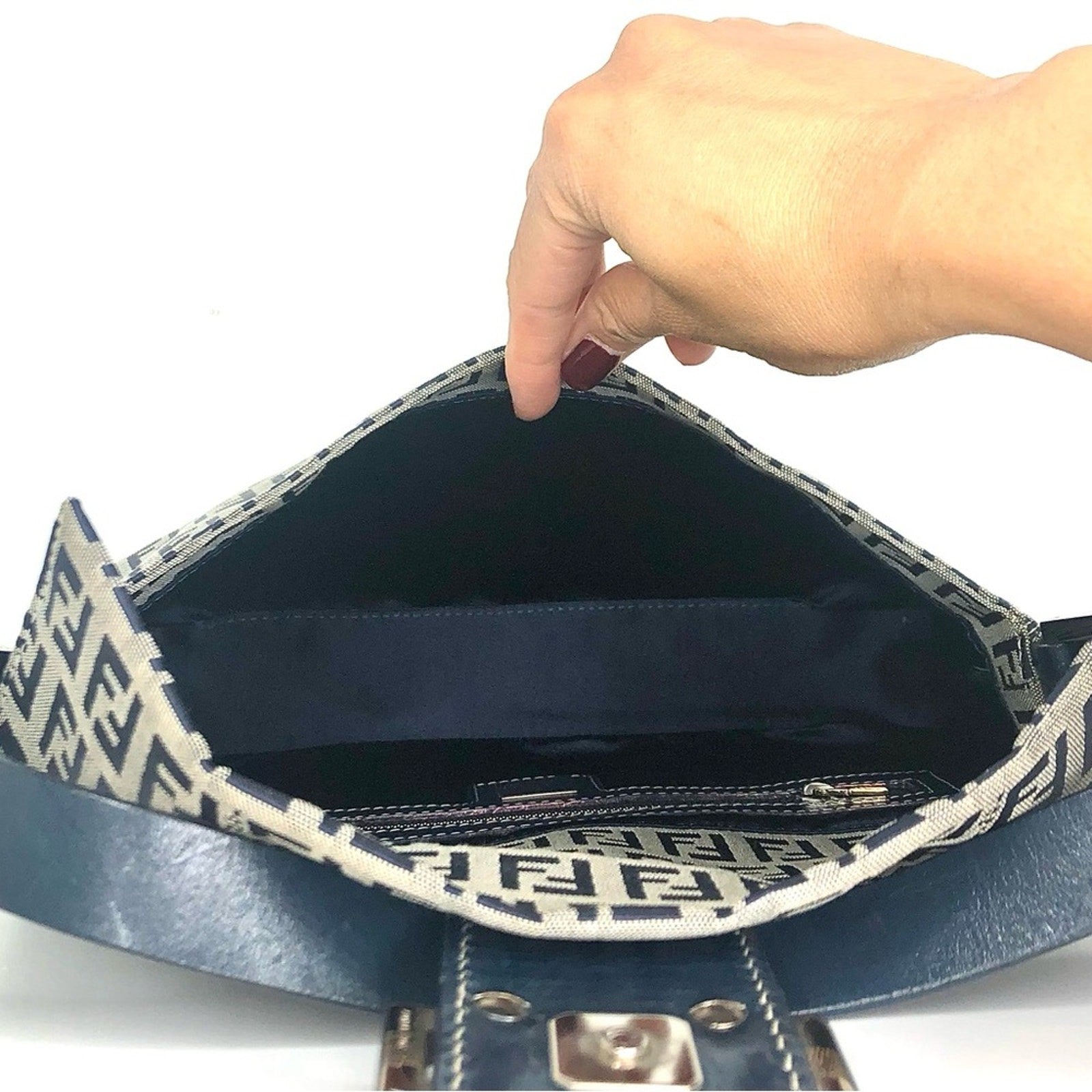 Vintage Fendi Zucchino Navy Blue FF Monogram Baguette Shoulder Bag
