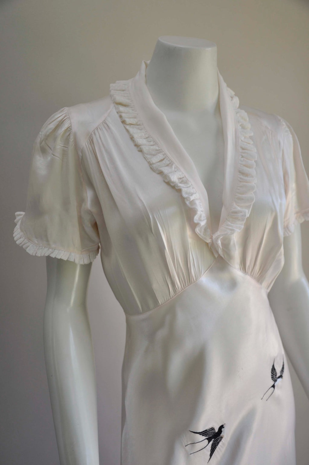 Vintage 1930s Light Pink Satin Bias Cut Slip Dress with Bird Embroidery Small Medium