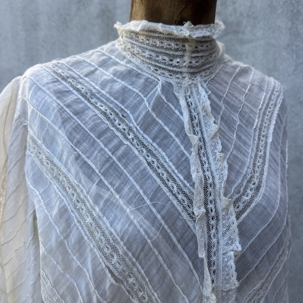 Antique Edwardian Bodice Bell Sleeve Pin Tucks Lace  Dress Blouse Top Vintage