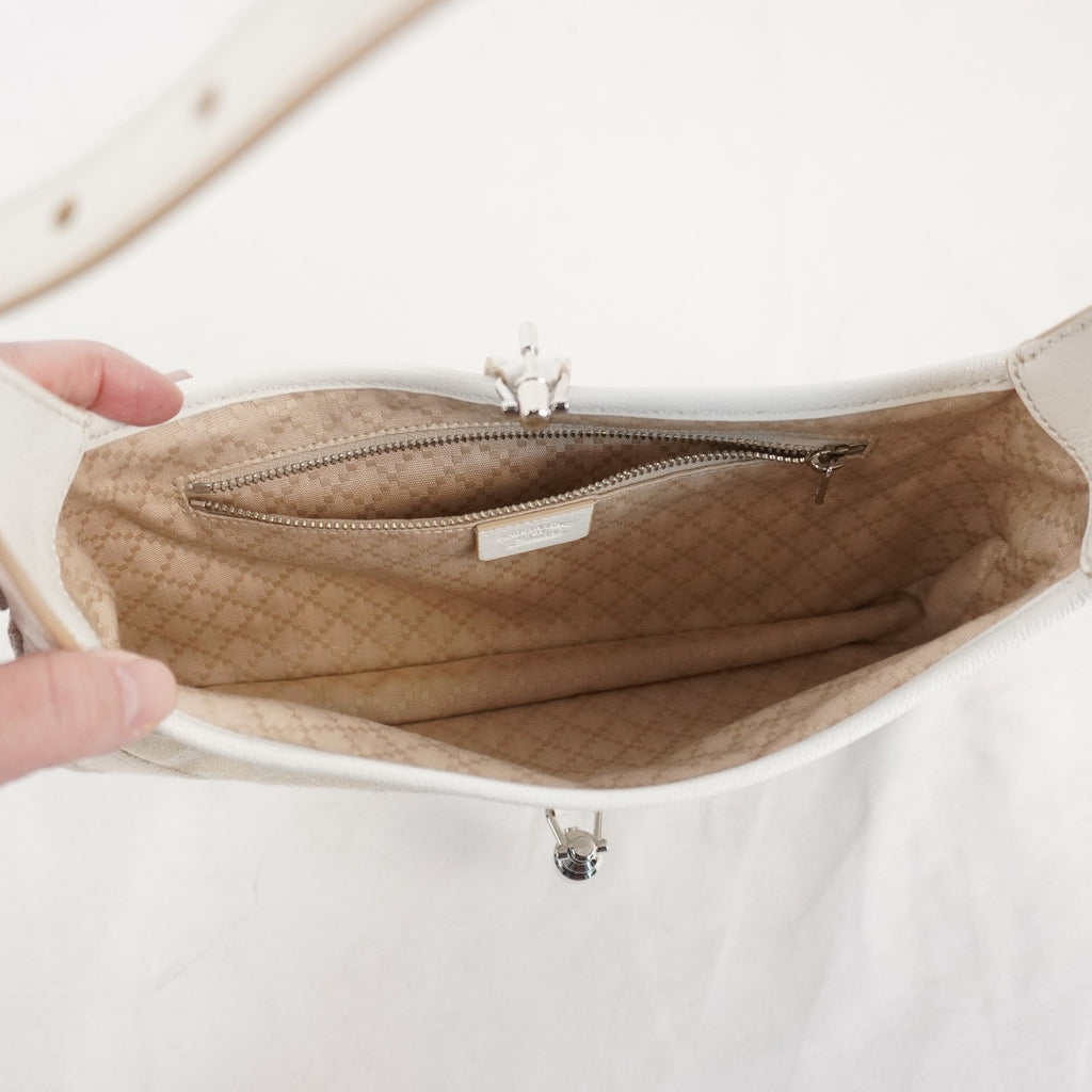 Gucci Jackie Slim Medium Shoulder Bag In Ivory GG Canvas W/ White Leather Trim