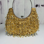 Vintage 70s Beaded Clutch Handbag Purse Gold Beaded Sequin Kiss Lock Frame