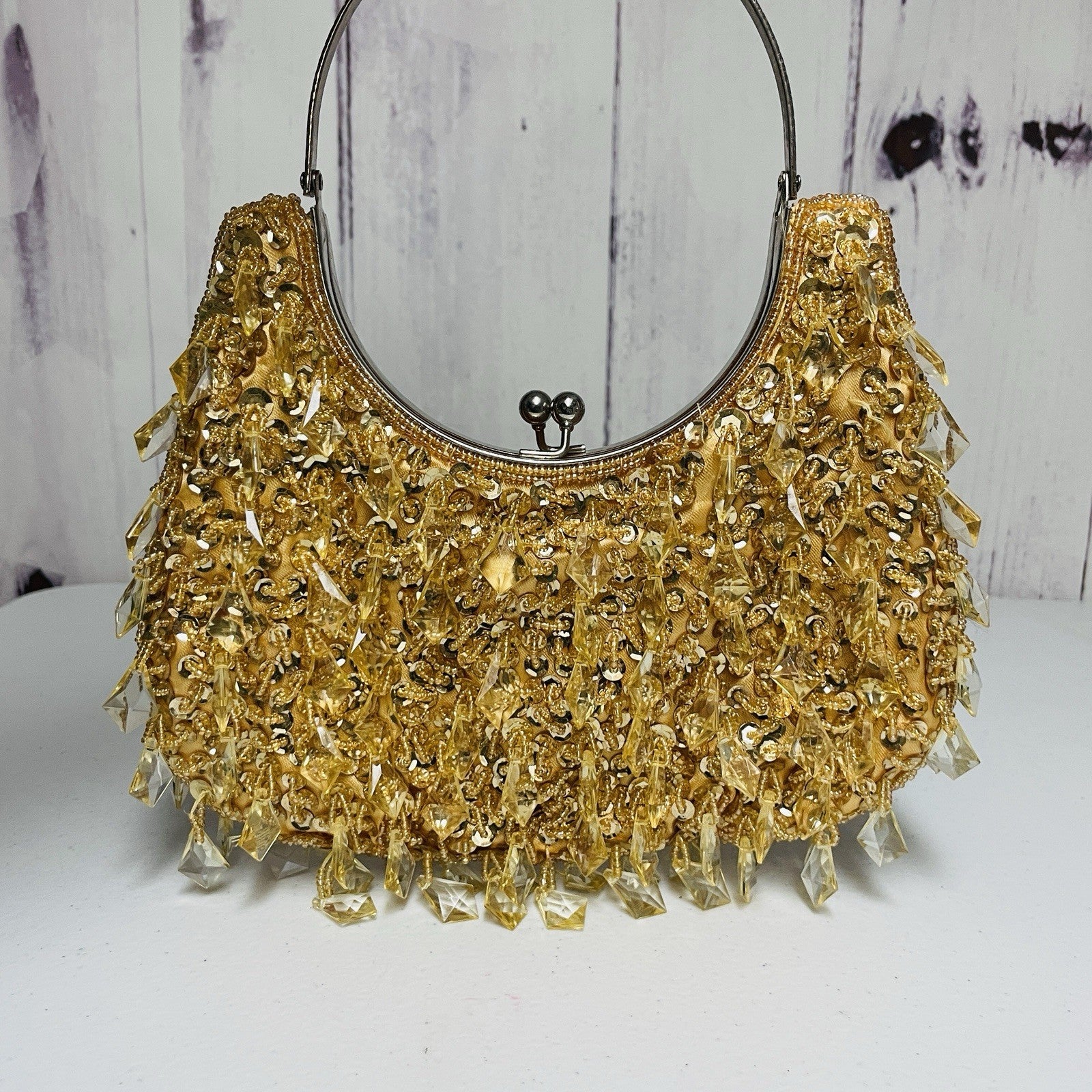 Vintage 70s Beaded Clutch Handbag Purse Gold Beaded Sequin Kiss Lock Frame