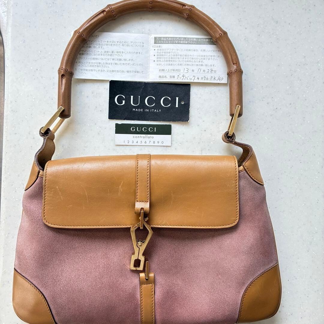 Gucci Jackie Bamboo Shoulder Bag Pink Suede Leather