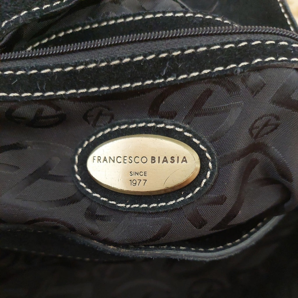 Francesco Biasia Medium Black Leather Shoulder Bag with Braided Top and Double Handles