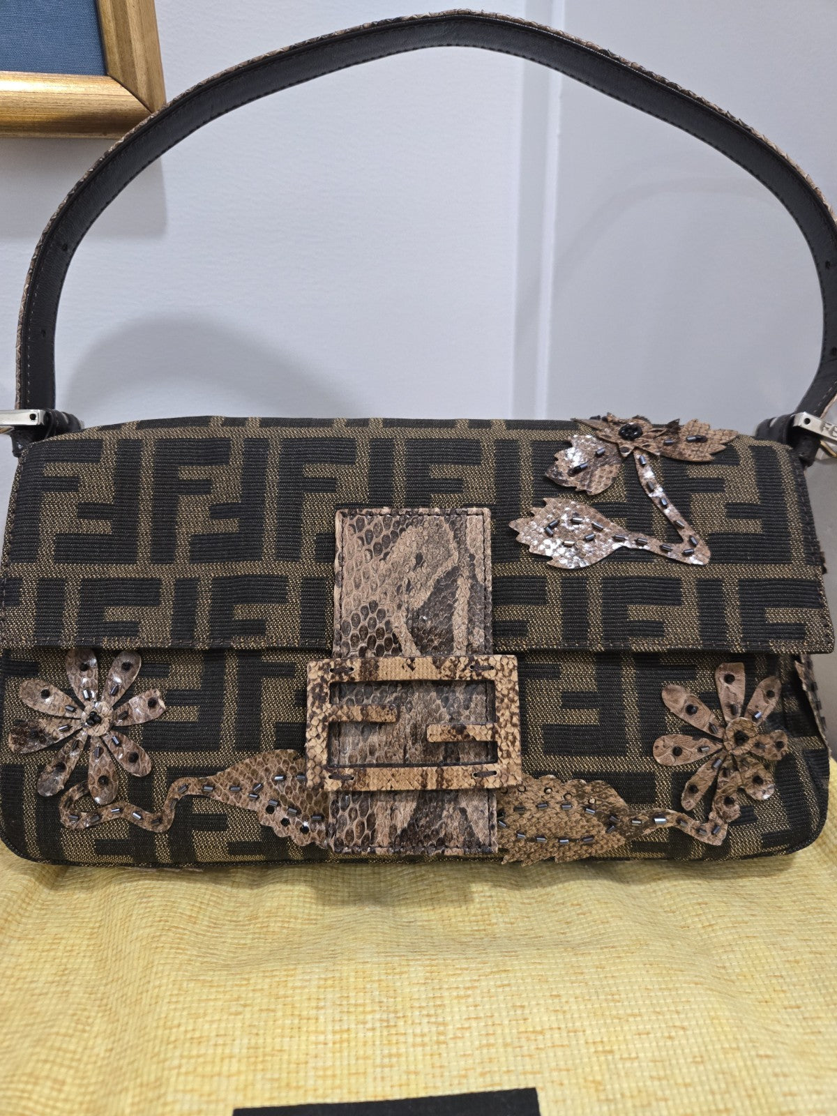 Fendi shoulder bag Mamma Baguette Beaded Flower Zucca Brown