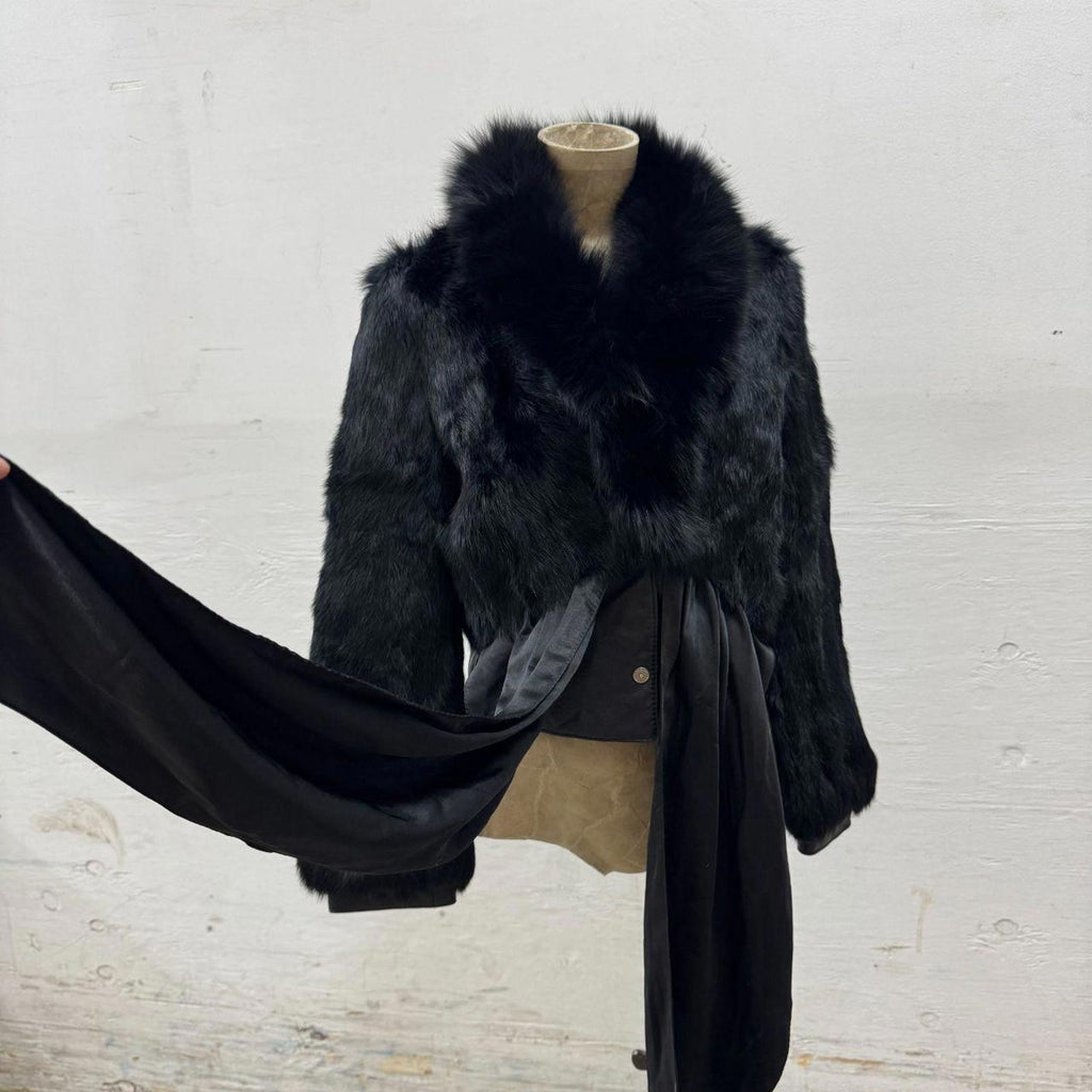 Vintage Y2K Cropped Satin Waist Tie Rabbit Fur and Leather Jacket