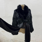 Vintage Y2K Cropped Satin Waist Tie Rabbit Fur and Leather Jacket