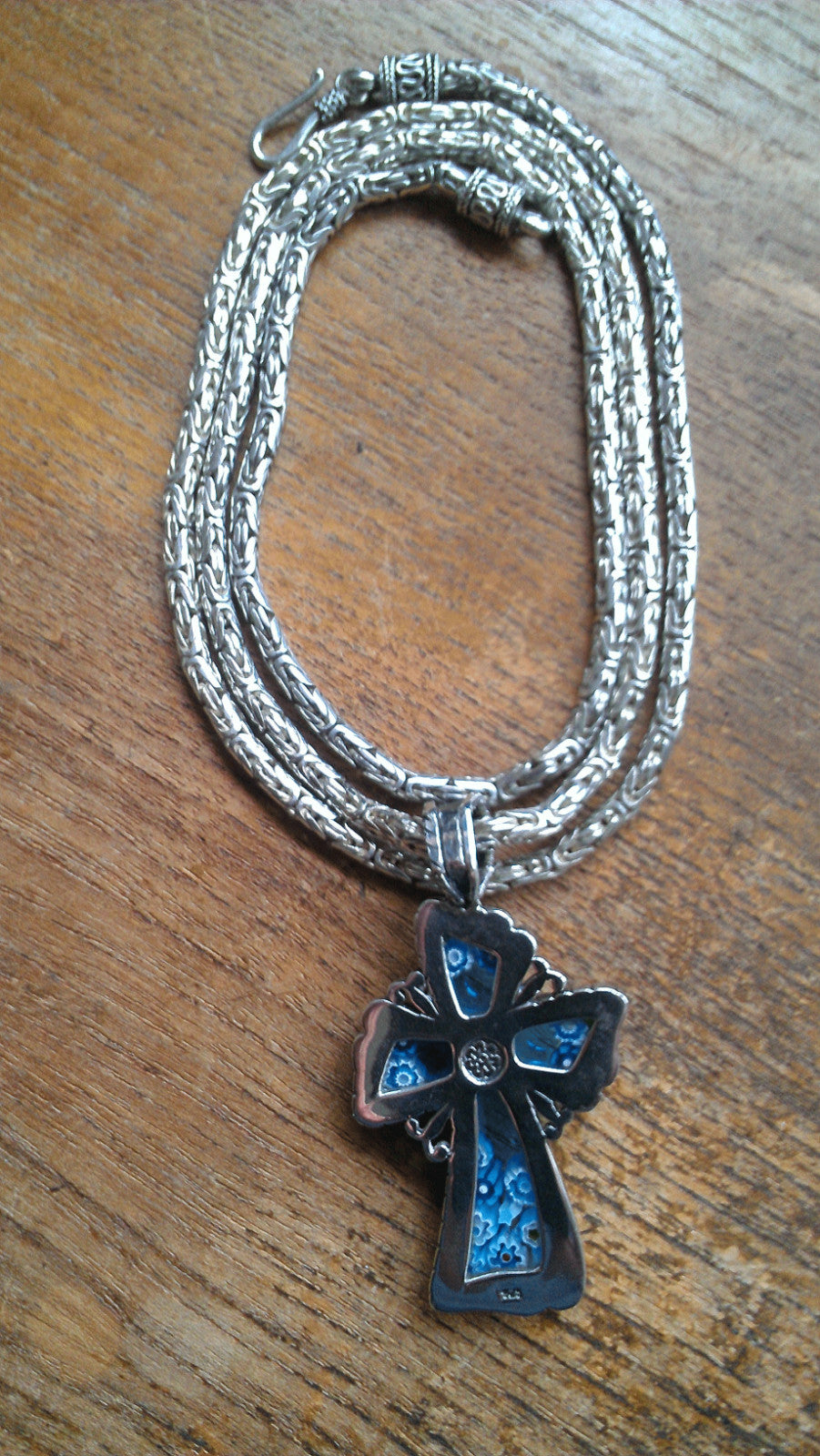 Sterling Silver Byzantine Chain Millefiori Glass Cross Alan K Murano ~ 67 Grams