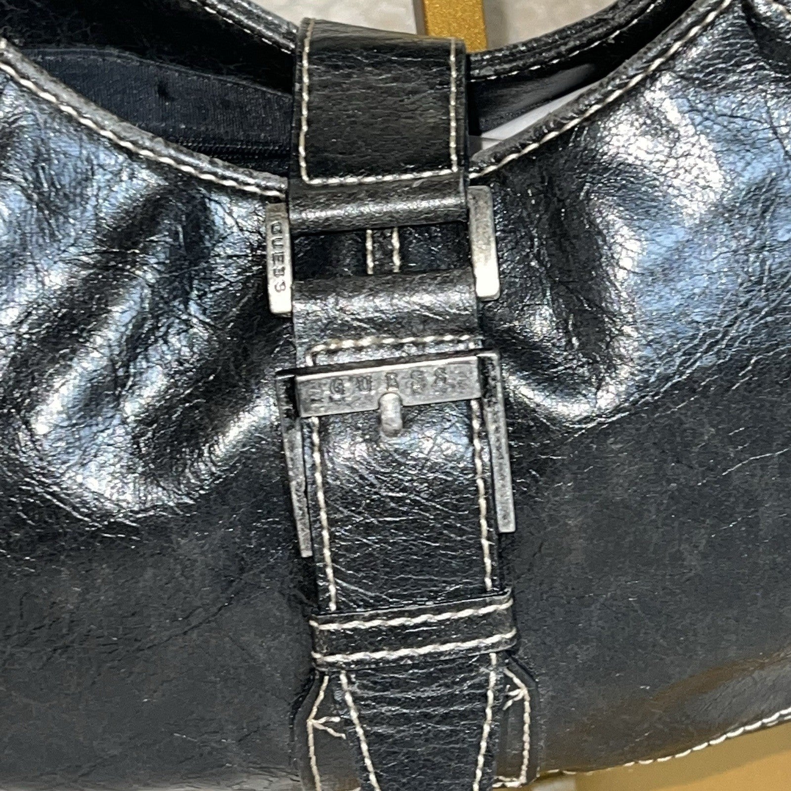 Vintage GUESS Black Baguette Shoulder Bag Y2K Buckle Faux Leather