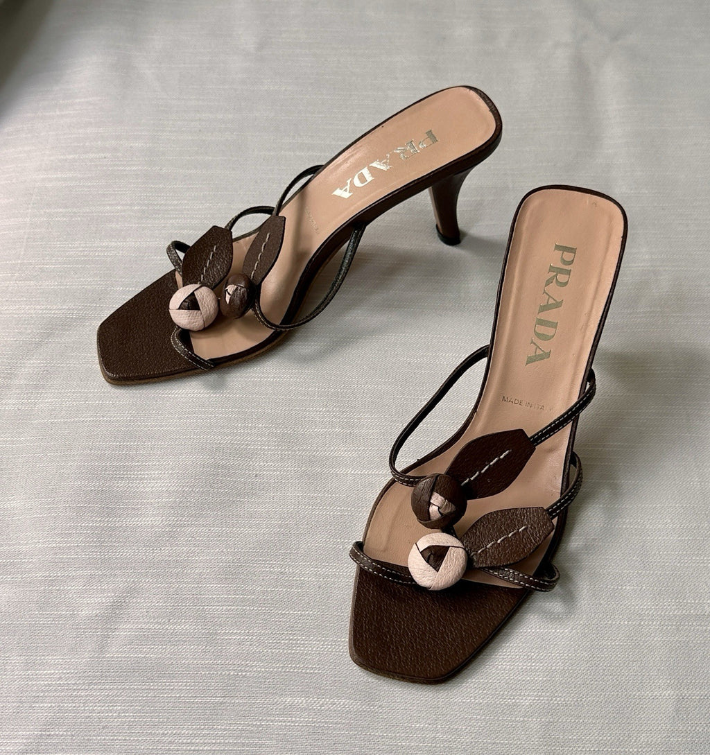 Vintage 90s 2000s PRADA Leather Rosebud Brown Pink Kitten Heels Sandals Size 37