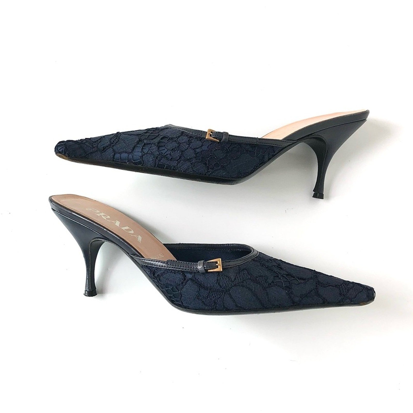 Prada Retro Vintage Buckle Lace Detail Pointed Toe Heeled Mules Pumps 39