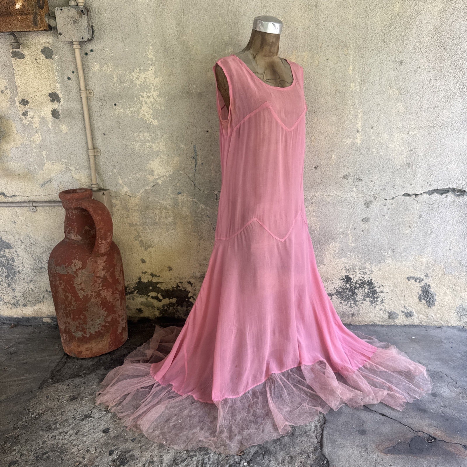 Vintage Late 1920s Early 1930s Bubblegum Pink Silk Chiffon Dress Sheer Ruffle