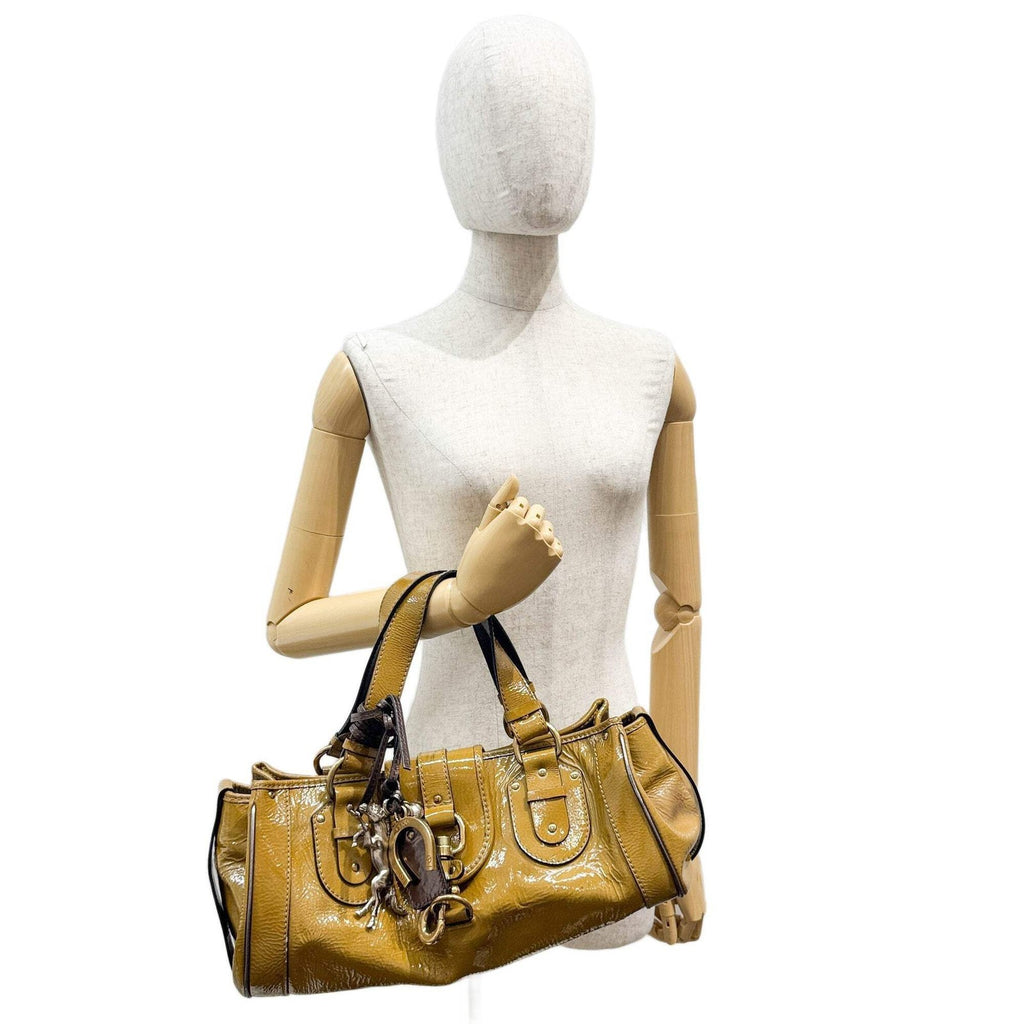 CHLOÉ Paddington Horse Charm Ocher Brown Patent Leather Shoulder Bag