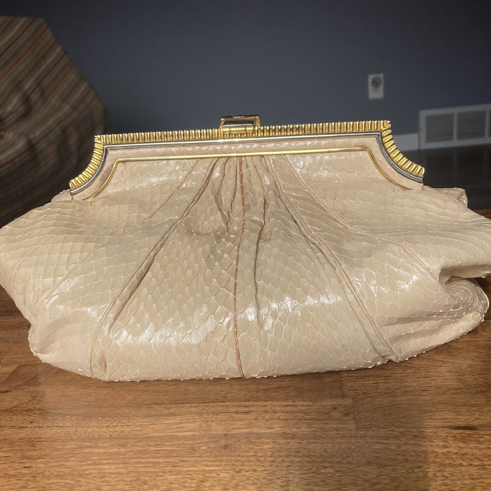 Vintage Judith Leiber Ivory Snakeskin Clutch Shoulder Bag with mirror and comb