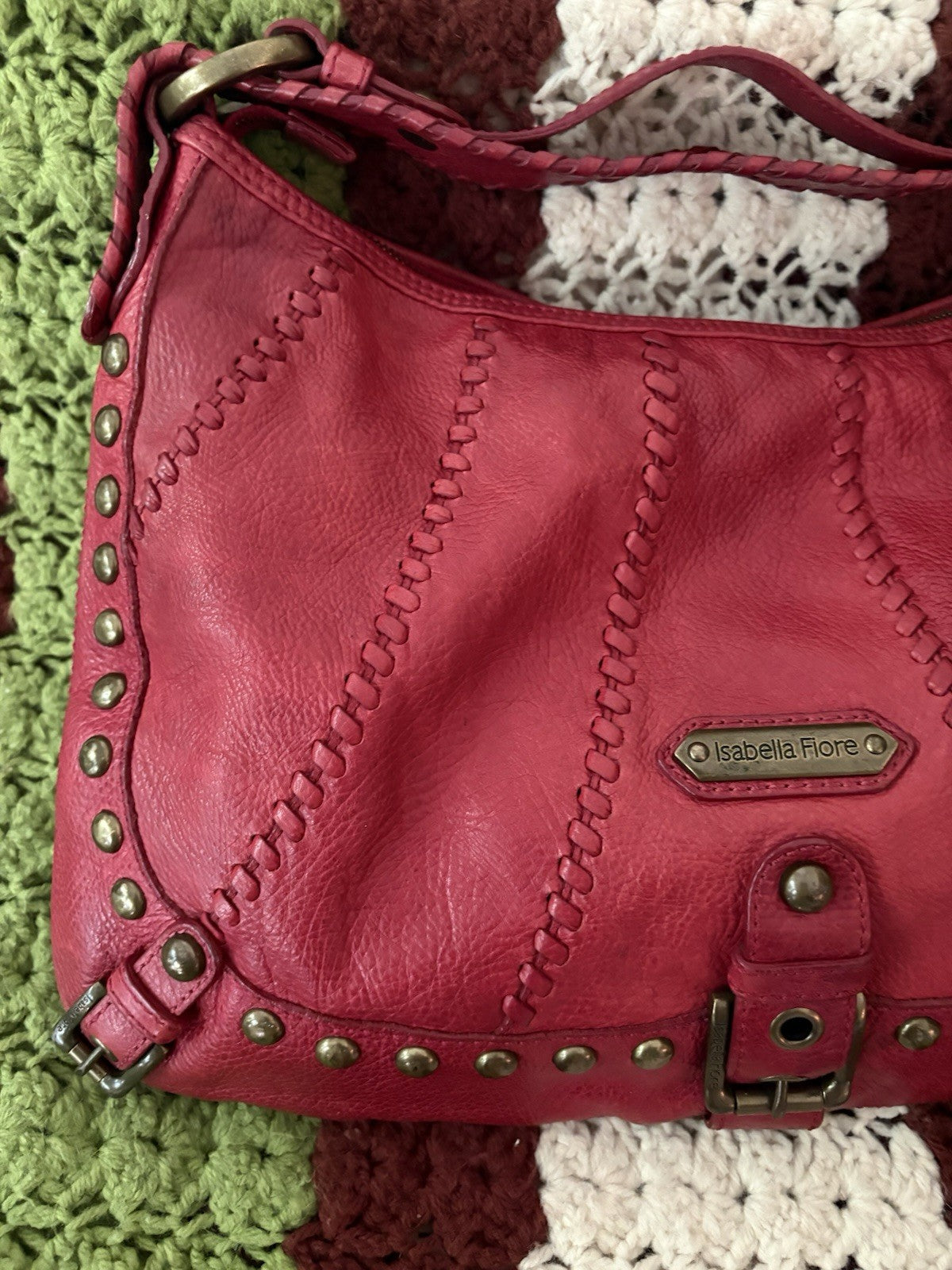 Isabella Fiore Audra Studded Leather Hobo Bag Red