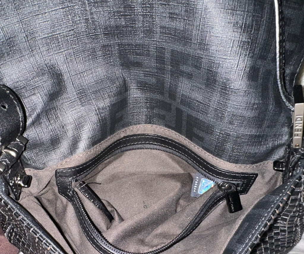 FENDI Baguette Black Woven Zucca Monogram Shoulder Bag