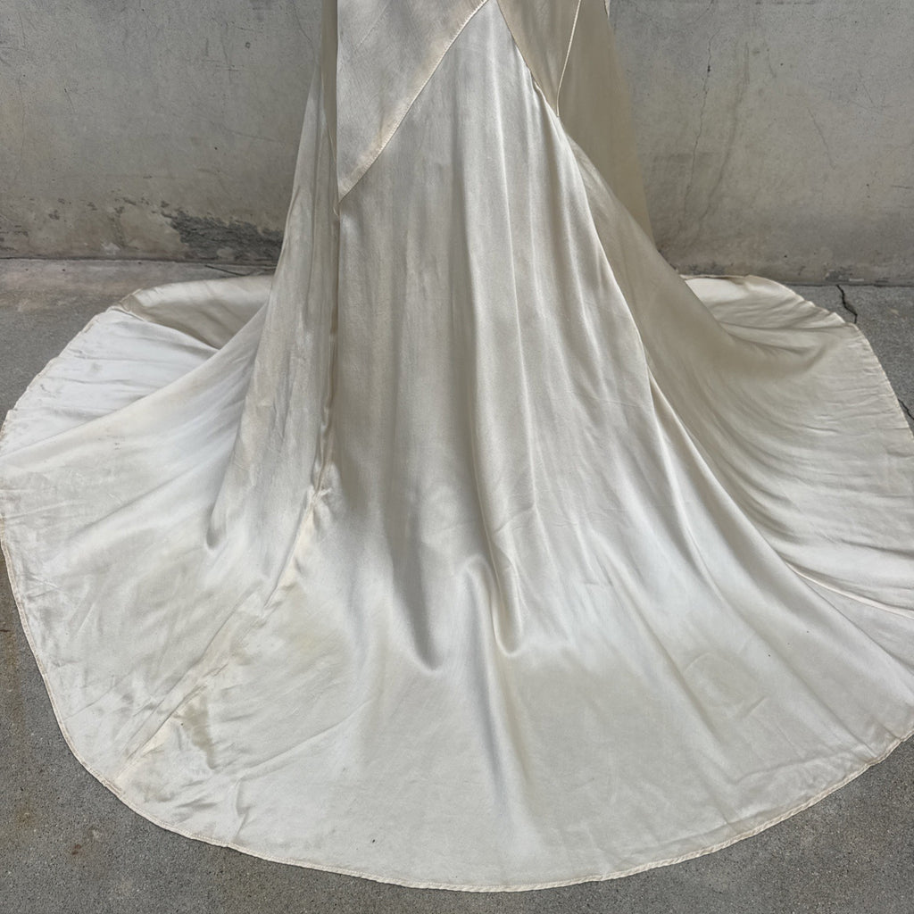 Vintage 1930s White Candlelight Silk Satin Gown Bias Cut Wedding Bridal Dress