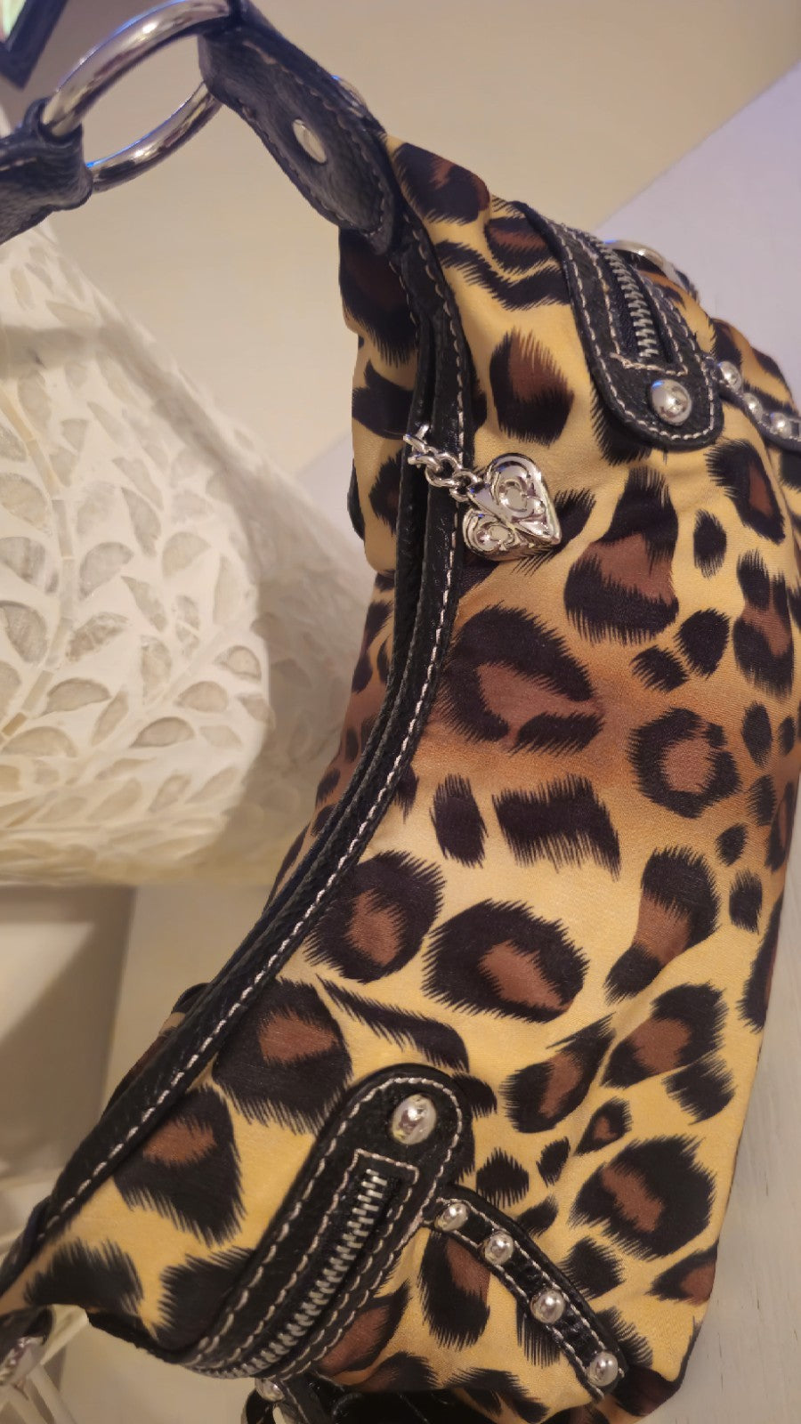 Kathy Van Zeeland Y2K Leopard Print Shoulder Bag with Studded Zipper