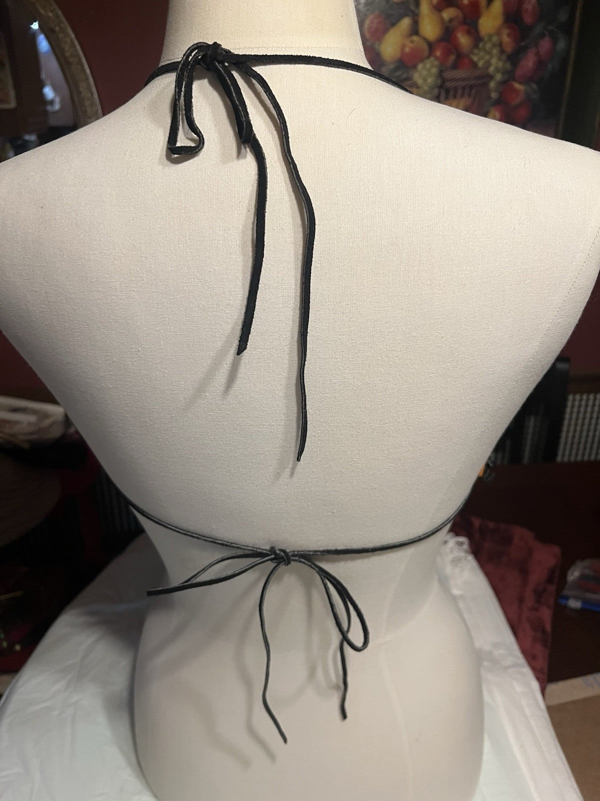 Vtg. 2/ Leather Fringe Halter Tops Black Biker Festival Cowgirl custom-made!!Sm.