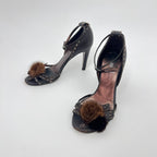 Fendi | Auth Selleria Brown Leather Mink Fur Camellia Ankle Strap Stiletto (35)