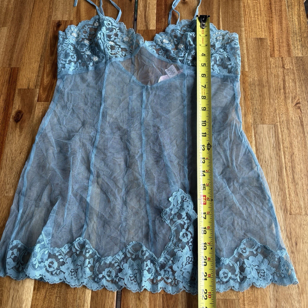 VTG Victoria’s Secret Blue Babydoll Dress Sheer Size M Sequin Lace Romantic Y2K