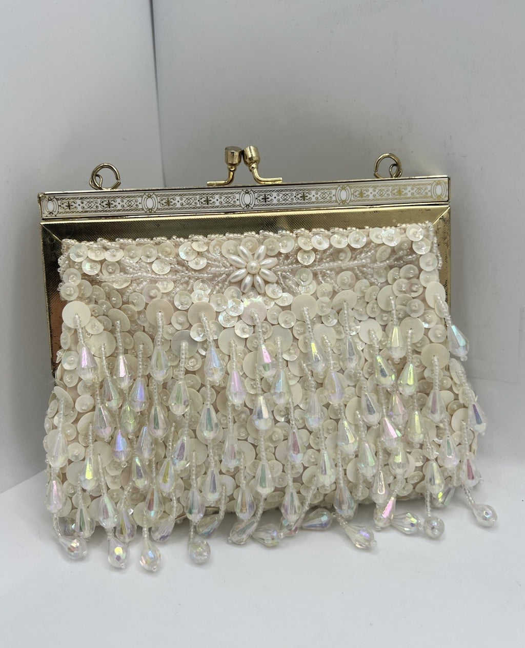 Vintage Evening Bag White/Cream Beaded Clutch Purse W/Chain Handle - Hong Kong