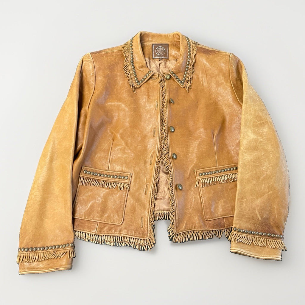 Double D Ranch Leather Jacket Brown Fringe Studded Western Medium