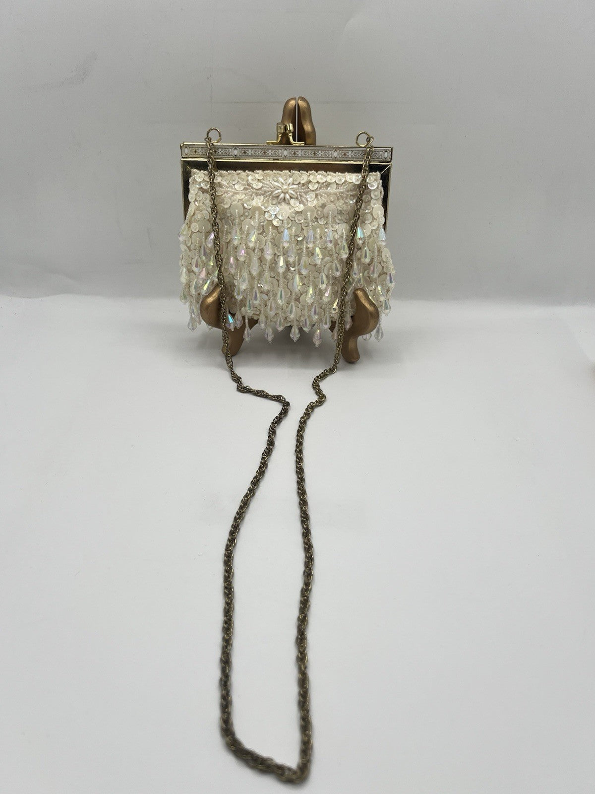 Vintage Evening Bag White/Cream Beaded Clutch Purse W/Chain Handle - Hong Kong